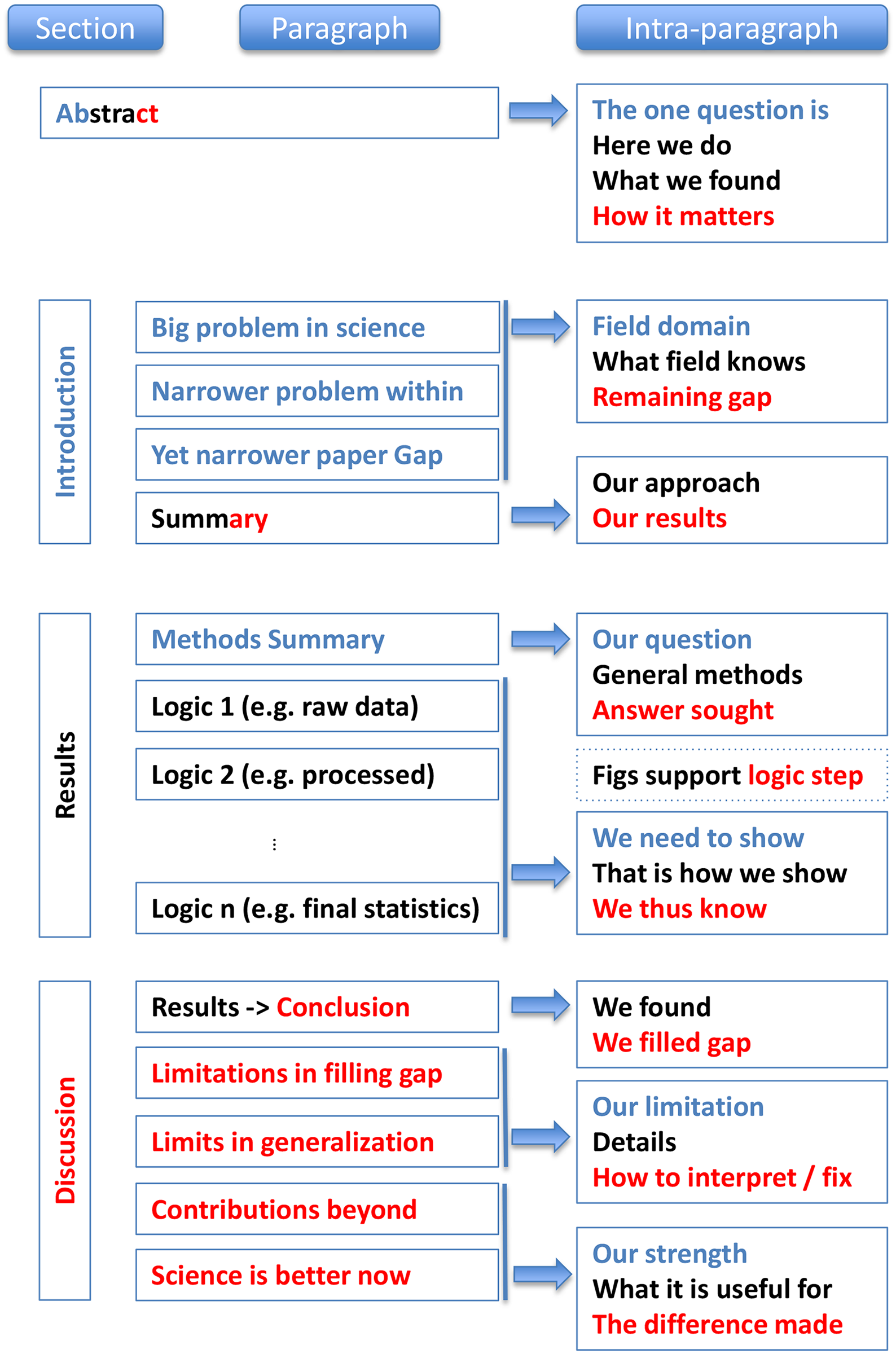 Summary of a paper’s structural elements at three spatial scales: Across sections, across paragraphs, and within paragraphs.